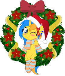 Size: 831x962 | Tagged: safe, artist:jhayarr23, oc, oc only, oc:electric sparkz, species:pony, species:unicorn, episode:hearth's warming eve, g4, my little pony: friendship is magic, blue eyes, blue hair, blushing, christmas, christmas wreath, clothing, hat, hearth's warming, holiday, jhayarr23's holiday ych, movie accurate, one eye closed, orange hair, santa hat, scarf, simple background, socks, solo, striped socks, transparent background, unicorn oc, wink, winking at you, wreath, ych result, yellow coat