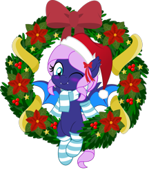 Size: 831x962 | Tagged: safe, artist:jhayarr23, oc, oc only, oc:spiral galaxies, species:bat pony, species:pony, episode:hearth's warming eve, g4, my little pony: friendship is magic, bat pony oc, blue eyes, blushing, christmas, christmas wreath, clothing, hat, hearth's warming, holiday, jhayarr23's holiday ych, movie accurate, one eye closed, purple coat, purple hair, santa hat, scarf, simple background, socks, solo, striped socks, transparent background, wink, winking at you, wreath, ych result