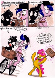 Size: 1398x1979 | Tagged: safe, artist:newyorkx3, oc, oc only, oc:karen, oc:mikey, oc:tommy junior, species:earth pony, species:pony, species:unicorn, angry, bicycle, cap, clothing, colt, comic, female, hat, husband and wife, kakey, male, mallet, riding, traditional art