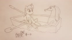 Size: 4032x2268 | Tagged: safe, artist:parclytaxel, oc, oc only, oc:parcly taxel, oc:spindle, species:alicorn, species:bird, species:duck, species:pony, ain't never had friends like us, albumin flask, alicorn oc, boat, female, japan, lineart, mare, monochrome, oar, parcly taxel in japan, pencil drawing, rowing, sitting, story included, takachiho gorge, traditional art, water, windigo, windigo oc