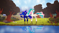 Size: 3840x2160 | Tagged: safe, artist:laszlvfx, artist:mrhavre, artist:stealthedge, character:princess celestia, character:princess luna, species:alicorn, species:pony, duo, ethereal mane, female, flower, happy, horn, missing accessory, raised hoof, raised leg, reflection, royal sisters, scenery, siblings, sisters, tree, water