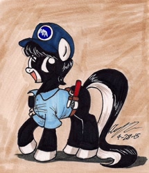 Size: 913x1060 | Tagged: safe, artist:newyorkx3, oc, oc only, oc:tommy junior, species:earth pony, species:pony, cap, clothing, colt, hat, male, shirt, solo, toolbelt, tools, traditional art