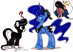 Size: 1710x1230 | Tagged: safe, artist:newyorkx3, character:princess luna, oc, oc:tommy, oc:tommy junior, species:alicorn, species:earth pony, species:human, species:pony, accessory theft, clothing, colt, female, hat, male, prank, question mark, suit, traditional art