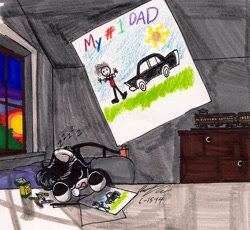 Size: 1348x1240 | Tagged: safe, artist:newyorkx3, oc, oc only, oc:tommy junior, species:earth pony, species:pony, bed, car, colt, crayon, dawn, drawer, drawing, father's day, male, room, sleeping, solo, sunset, traditional art, train