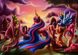Size: 1500x1060 | Tagged: safe, artist:jamescorck, character:applejack, character:fluttershy, character:pinkie pie, character:rainbow dash, character:rarity, character:spike, character:twilight sparkle, character:twilight sparkle (alicorn), species:alicorn, species:dragon, species:earth pony, species:pegasus, species:pony, species:unicorn, episode:the last problem, g4, my little pony: friendship is magic, end of ponies, gigachad spike, looking at you, mane seven, mane six, older, older applejack, older fluttershy, older mane seven, older mane six, older pinkie pie, older rainbow dash, older rarity, older spike, older twilight, princess twilight 2.0, rear view, winged spike
