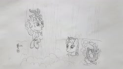 Size: 4032x2268 | Tagged: safe, artist:parclytaxel, character:autumn blaze, oc, oc:parcly taxel, species:alicorn, species:kirin, species:pony, ain't never had friends like us, albumin flask, alicorn oc, female, japan, jumping, lineart, mare, monochrome, nabegataki, nirik, parcly taxel in japan, pencil drawing, smiling, story included, traditional art, waterfall, waterfall shower, wet mane