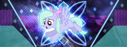 Size: 3840x1440 | Tagged: safe, artist:laszlvfx, artist:vladimirmacholzraum, edit, character:flitter, species:pegasus, species:pony, bow, female, flying, hair bow, mare, solo, wallpaper, wallpaper edit