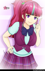 Size: 772x1221 | Tagged: safe, artist:clouddg, character:sour sweet, species:human, equestria girls:friendship games, g4, my little pony: equestria girls, my little pony:equestria girls, breasts, busty sour sweet, clothing, crystal prep academy uniform, female, freckles, humanized, light skin, one eye closed, pleated skirt, ponytail, school uniform, signature, skirt, smiling, solo
