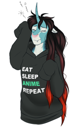Size: 598x970 | Tagged: safe, artist:jc_bbqueen, oc, oc:annie belle, species:anthro, species:dracony, species:pony, species:unicorn, anthro oc, clothing, cute, cute little fangs, digital art, fangs, female, hybrid, mare, morning ponies, neck freckles, simple background, solo, sweater