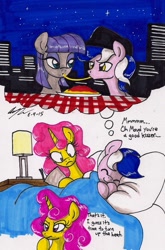 Size: 1087x1646 | Tagged: safe, artist:newyorkx3, character:maud pie, oc, oc:karen, oc:mikey, species:earth pony, species:pony, species:unicorn, bed, blanket, book, building, canon x oc, cap, city, clothing, dream, female, food, hat, husband and wife, kakey, lady and the tramp, lamp, male, night, pasta, pillow, sleeping, table, this will end in sleeping on the couch, unamused