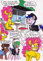 Size: 1382x1970 | Tagged: safe, artist:newyorkx3, oc, oc only, oc:karen, oc:mikey, species:earth pony, species:pony, species:unicorn, angry, bowl, cap, chair, clothing, daisy (flower), female, flower, food, grass, gritted teeth, hat, husband and wife, jacket, kakey, male, restaurant, table, unamused, window