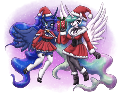 Size: 2000x1528 | Tagged: safe, artist:king-kakapo, character:princess celestia, character:princess luna, species:alicorn, species:anthro, species:pony, species:unguligrade anthro, boots, breasts, busty princess celestia, busty princess luna, christmas, cleavage, clothing, costume, cute, cutelestia, duo, female, gift wrapped, gloves, hat, holiday, long gloves, lunabetes, mare, royal sisters, santa costume, santa hat, shoes, siblings, sisters, stockings, thigh highs, wing flap