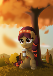 Size: 800x1135 | Tagged: safe, artist:jhayarr23, oc, oc only, oc:harvest equinox, species:earth pony, species:pony, cup, female, hoof hold, leaves, mare, outdoors, scenery, sitting, solo, three quarter view, tree, under the tree