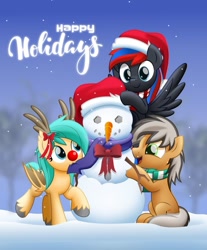 Size: 800x966 | Tagged: safe, artist:jhayarr23, oc, oc only, oc:deliriam, oc:smooth walker, oc:turquoise droplet, species:bat pony, species:earth pony, species:pegasus, species:pony, clothing, male, red nose, scarf, snow, snowman, stallion