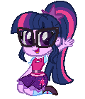 Size: 120x140 | Tagged: safe, artist:wubcakeva, character:twilight sparkle, character:twilight sparkle (scitwi), species:eqg human, my little pony:equestria girls, adorkable, animated, belt, bow tie, chibi, clothing, cute, dork, female, gif, glasses, looking at you, mary janes, open mouth, pixel art, ponytail, simple background, skirt, socks, solo, transparent background, twiabetes, vest, waving