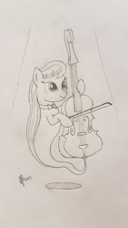 Size: 2268x4032 | Tagged: safe, artist:parclytaxel, character:octavia melody, species:earth pony, species:pony, series:nightliner, cello, female, floating, genie, genie pony, geniefied, lineart, mare, monochrome, musical instrument, patreon, pencil drawing, smiling, solo, spotlight, traditional art
