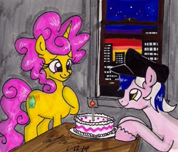 Size: 1165x991 | Tagged: safe, artist:newyorkx3, oc, oc only, oc:karen, oc:mikey, species:earth pony, species:pony, species:unicorn, cake, candle, cap, city, clothing, female, food, hat, husband and wife, kakey, male, night, smiling, table, traditional art, window