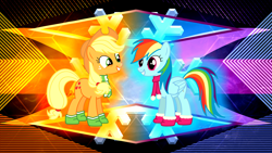 Size: 3840x2160 | Tagged: safe, artist:laszlvfx, artist:philiptomkins, edit, character:applejack, character:rainbow dash, species:earth pony, species:pegasus, species:pony, absurd file size, clothing, cowboy hat, cutie mark, freckles, hat, high res, implied appledash, implied lesbian, implied shipping, scarf, smiling, stetson, wallpaper, wallpaper edit