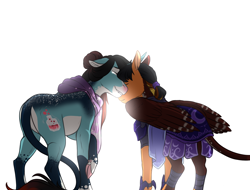 Size: 1258x956 | Tagged: safe, artist:jc_bbqueen, oc, oc:annie belle, oc:daniel dasher, species:dracony, species:dragon, species:pegasus, species:pony, species:unicorn, armor, brother and sister, clothing, crying, digital art, eyes closed, female, hybrid, leonine tail, male, night guard, night guard armor, proud, scarf, siblings, tears of joy