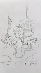 Size: 2268x4032 | Tagged: safe, artist:parclytaxel, character:philomena, oc, oc:parcly taxel, species:alicorn, species:phoenix, species:pony, ain't never had friends like us, albumin flask, alicorn oc, eyes closed, female, japan, kyoto, lineart, mare, monochrome, pagoda, parcly taxel in japan, pencil drawing, phoenix feather, pond, reflection, spread wings, story included, toji, traditional art, water, wings