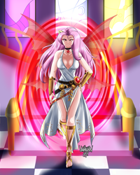 Size: 4000x5000 | Tagged: safe, artist:danmakuman, character:fluttershy, species:human, bat ponified, breasts, busty fluttershy, disguise, disguised siren, feet, female, fin wings, gem, gold, humanized, jewelry, necklace, sandals, siren gem, solo, wings