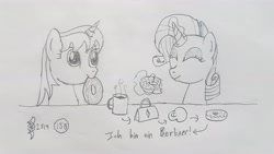 Size: 4032x2268 | Tagged: safe, artist:parclytaxel, character:rarity, oc, oc:parcly taxel, species:alicorn, species:pony, species:unicorn, ain't never had friends like us, albumin flask, alicorn oc, coffee, coffee mug, donut, eyes closed, female, food, ich bin ein berliner, kettlebell, levitation, lineart, magic, mare, monochrome, mug, parcly taxel in japan, pencil drawing, purse, story included, telekinesis, topology, traditional art