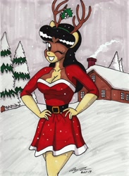 Size: 2086x2852 | Tagged: safe, artist:newyorkx3, oc, oc:crystal, species:anthro, anthro oc, antlers, breasts, christmas, cleavage, clothing, dress, female, holiday, mistleholly, one eye closed, reindeer antlers, snow, snowfall, solo, tree, wink