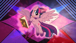Size: 5120x2880 | Tagged: safe, artist:laszlvfx, artist:osipush, edit, character:twilight sparkle, character:twilight sparkle (alicorn), species:alicorn, species:pony, alternate universe, book, cape, clothing, female, flying, glowing horn, high res, horn, levitation, mage, magic, magic aura, mare, shoes, solo, telekinesis, wallpaper, wallpaper edit