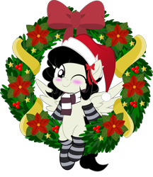 Size: 5000x5786 | Tagged: safe, artist:jhayarr23, part of a set, oc, oc only, oc:marie, species:pegasus, species:pony, blushing, christmas, clothing, female, hat, holiday, jhayarr23's holiday ych, mare, movie accurate, one eye closed, santa hat, scarf, simple background, socks, solo, striped socks, transparent background, wink, ych result