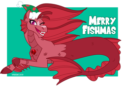 Size: 2000x1423 | Tagged: safe, artist:wubcakeva, oc, oc only, oc:mezma, species:siren, christmas, clothing, cloven hooves, fangs, female, fins, fish tail, gem, hat, holiday, looking at you, one eye closed, open mouth, prone, pun, santa hat, scales, siren gem, slit eyes, smiling, solo, wink