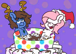 Size: 1700x1200 | Tagged: safe, artist:threetwotwo32232, oc, oc only, oc:bizarre song, oc:sugar morning, species:pegasus, species:pony, antlers, christmas, clothing, female, hat, holiday, male, mare, mug, reindeer antlers, santa hat, stallion