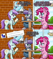 Size: 1280x1442 | Tagged: safe, artist:clouddg, character:maud pie, character:pinkie pie, oc, oc:sunshine morning, species:earth pony, species:pony, ask pun, apron, ask, clothing, female, mare, mouth hold, poster, pun