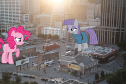 Size: 1500x1000 | Tagged: safe, artist:chrzanek97, artist:dashiesparkle, character:maud pie, character:pinkie pie, species:earth pony, species:pony, building, city, duo, female, giant pony, giantess, highrise ponies, irl, louisiana, macro, mare, new orleans, photo, ponies in real life