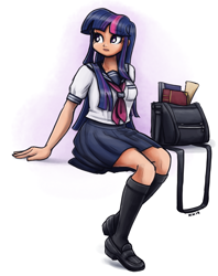 Size: 1500x1893 | Tagged: safe, artist:king-kakapo, character:twilight sparkle, species:human, bag, book, book bag, clothing, cute, female, humanized, pleated skirt, sailor uniform, school uniform, scroll, shoes, simple background, sitting, skirt, socks, solo, twiabetes, uniform, white background