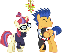 Size: 2092x1768 | Tagged: safe, artist:chainchomp2 edit, artist:jhayarr23, edit, character:flash sentry, character:moondancer, species:pony, ship:flashdancer, christmas, clothing, equestria girls outfit, equestria girls ponified, female, hearth's warming, holiday, male, mistleholly, mistletoe, one eye closed, ponified, shipping, show accurate, smiling, straight, wink