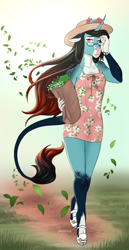 Size: 688x1336 | Tagged: safe, artist:jc_bbqueen, oc, oc only, oc:annie belle, species:anthro, species:classical unicorn, species:dracony, species:pony, species:unguligrade anthro, species:unicorn, adorasexy, anthro oc, breasts, clothing, cloven hooves, coat markings, curved horn, cute, cute little fangs, delicious flat chest, digital art, dress, fangs, female, freckles, glasses, hat, hoof shoes, horn, hybrid, legs, leonine tail, minidress, pale belly, paper bag, plants, sexy, shoulder freckles, smiling, socks (coat marking), solo, sundress, unshorn fetlocks