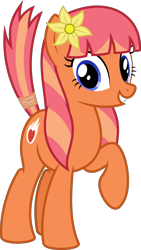 Size: 4000x7088 | Tagged: safe, artist:parclytaxel, oc, oc only, oc:blazing love, species:earth pony, species:pony, 2020 community collab, derpibooru community collaboration, .svg available, absurd resolution, female, flower, flower in hair, grin, looking at you, mare, raised hoof, raised tail, simple background, smiling, solo, tail, tail wrap, transparent background, vector