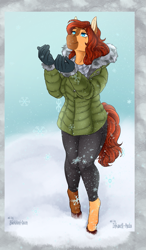 Size: 779x1336 | Tagged: safe, artist:jc_bbqueen, oc, oc:honeypot meadow, species:anthro, species:earth pony, species:pony, species:unguligrade anthro, beauty mark, clothing, coat, commission, digital art, female, gloves, looking up, pants, reaching out, smiling, snow, snowfall, solo, winter outfit