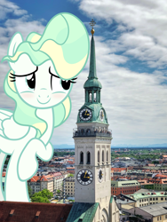 Size: 1800x2400 | Tagged: safe, artist:slb94, character:vapor trail, species:pegasus, species:pony, g4, blushing, building, church, female, giant pony, giantess, highrise ponies, irl, macro, mare, munich, photo, ponies in real life, raised hoof, solo