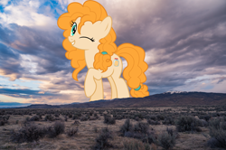 Size: 2400x1597 | Tagged: safe, artist:jhayarr23, character:pear butter, species:pony, female, giant earth pony, giant pear butter, giant ponies in real life, giant pony, giantess, highrise ponies, irl, macro, mountain, photo, ponies in real life, scenery, show accurate