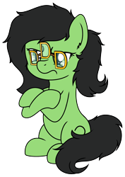 Size: 1418x2003 | Tagged: safe, artist:djdavid98, oc, oc only, oc:filly anon, species:earth pony, species:pony, 2020 community collab, derpibooru community collaboration, 3d glasses, crossed hooves, female, filly, filly anon is not amused, glasses, pun, simple background, sitting, solo, transparent background, unamused