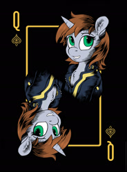 Size: 1642x2234 | Tagged: safe, artist:hobbes-maxwell, oc, oc only, oc:littlepip, species:pony, species:unicorn, fallout equestria, clothing, ear fluff, fanfic, fanfic art, female, grin, horn, mare, playing card, smiling, solo, vault suit