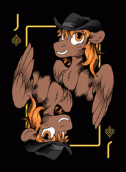 Size: 1642x2234 | Tagged: safe, artist:hobbes-maxwell, oc, oc only, oc:calamity, species:pegasus, species:pony, fallout equestria, chest fluff, clothing, cowboy hat, dashite, ear fluff, fanfic, fanfic art, grin, hat, male, playing card, smiling, spread wings, stallion, wings