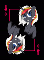 Size: 1642x2234 | Tagged: safe, artist:hobbes-maxwell, oc, oc only, oc:velvet remedy, species:pony, species:unicorn, fallout equestria, ear fluff, fanfic, fanfic art, female, horn, mare, open mouth, playing card, smiling, solo