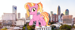 Size: 2485x1000 | Tagged: safe, artist:jhayarr23, character:luster dawn, species:pony, species:unicorn, bigger than life, building, charleston, city, female, giant luster dawn, giant ponies in real life, giant pony, giant unicorn, highrise ponies, irl, macro, mare, photo, ponies in real life, raised hoof, show accurate, south carolina