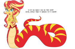 Size: 1600x1061 | Tagged: safe, artist:wubcakeva, character:sunset shimmer, species:lamia, my little pony:equestria girls, armlet, bandeau, belly button, dialogue, elf ears, fangs, female, jewelry, lamiafied, long hair, looking at you, midriff, monster girl, necklace, open mouth, simple background, slit eyes, solo, species swap, sunset slither, talking to viewer, transparent background
