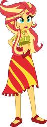 Size: 1718x4573 | Tagged: safe, artist:wubcakeva, character:sunset shimmer, species:lamia, my little pony:equestria girls, armlet, bandeau, belly button, clothing, dress, elf ears, fangs, female, high res, human form, implied transformation, jewelry, lamiafied, long hair, midriff, monster girl, necklace, open mouth, original species, sandals, simple background, skirt, slit eyes, solo, species swap, sunset slither, transparent background