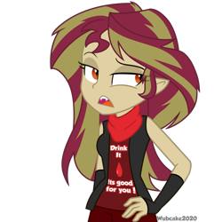 Size: 1280x1280 | Tagged: safe, artist:wubcakeva, character:sunset shimmer, species:human, my little pony:equestria girls, bacon hair, fangs, female, hand on hip, lidded eyes, open mouth, solo, sunset shimmer is not amused, unamused, vampire, vampire shimmer