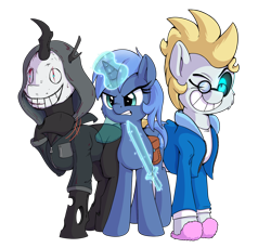 Size: 6000x5500 | Tagged: safe, artist:discorded, artist:djdavid98, artist:pirill, oc, oc only, oc:carbon copy, oc:paamayim nekudotayim, oc:star farer, species:changeling, species:earth pony, species:pony, species:unicorn, 2020 community collab, derpibooru community collaboration, angry, black sclera, blood, clothing, collaboration, cosplay, costume, cutie mark, dead by daylight, female, glasses, glowing eyes, grin, hoodie, jacket, legion (dead by daylight), magic, magic aura, male, mask, minecraft, motion lines, one eye closed, saddle bag, sans (undertale), simple background, slippers, smiling, stallion, sword, transparent background, undertale, weapon, wink