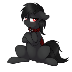 Size: 2400x2400 | Tagged: safe, artist:ratofdrawn, oc, oc only, oc:qetesh, species:bat pony, species:pony, 2020 community collab, derpibooru community collaboration, collar, crossed arms, female, mare, simple background, sitting, solo, transparent background